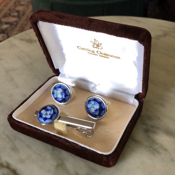 Men’s Cloisonné Cufflink and Tie Bar Set.  Hand Made in Velvet Box. Deep Blue. - Picture 7 of 7